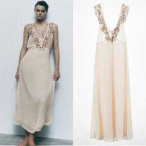 New Zara Limited Edition Embroidered Beaded V-Neck Ivory Slip Maxi Dress Small